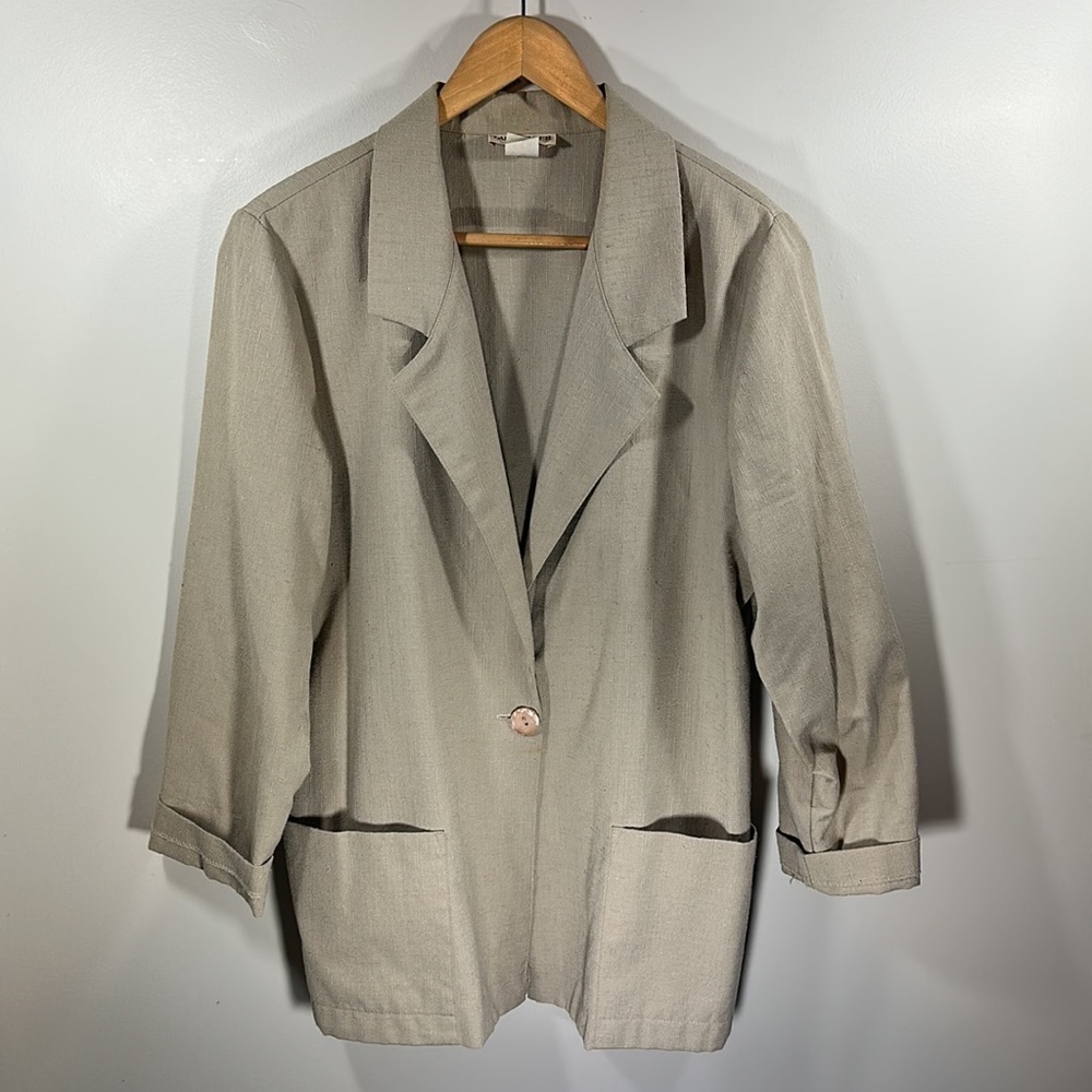 Laura Tyler Vintage Blazer Suit Jacket Taupe Oversized Baggy Cropped Sleeve